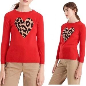 J. Crew Red Sweater Leopard Heart Cashmere Crew neck Pullover